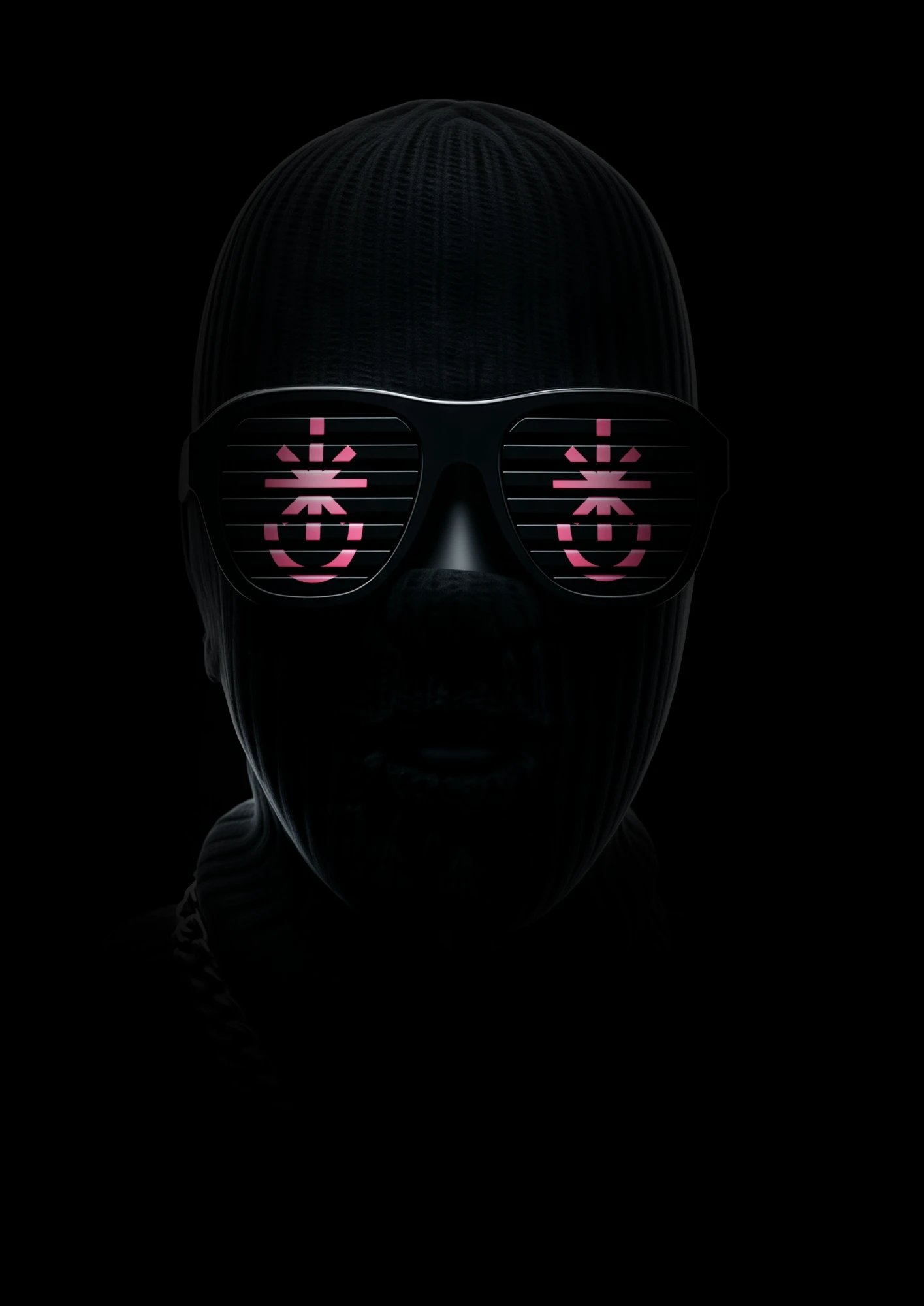A figure in a black balaclava wearing Prompt Club shutter shades, emerging from the dark